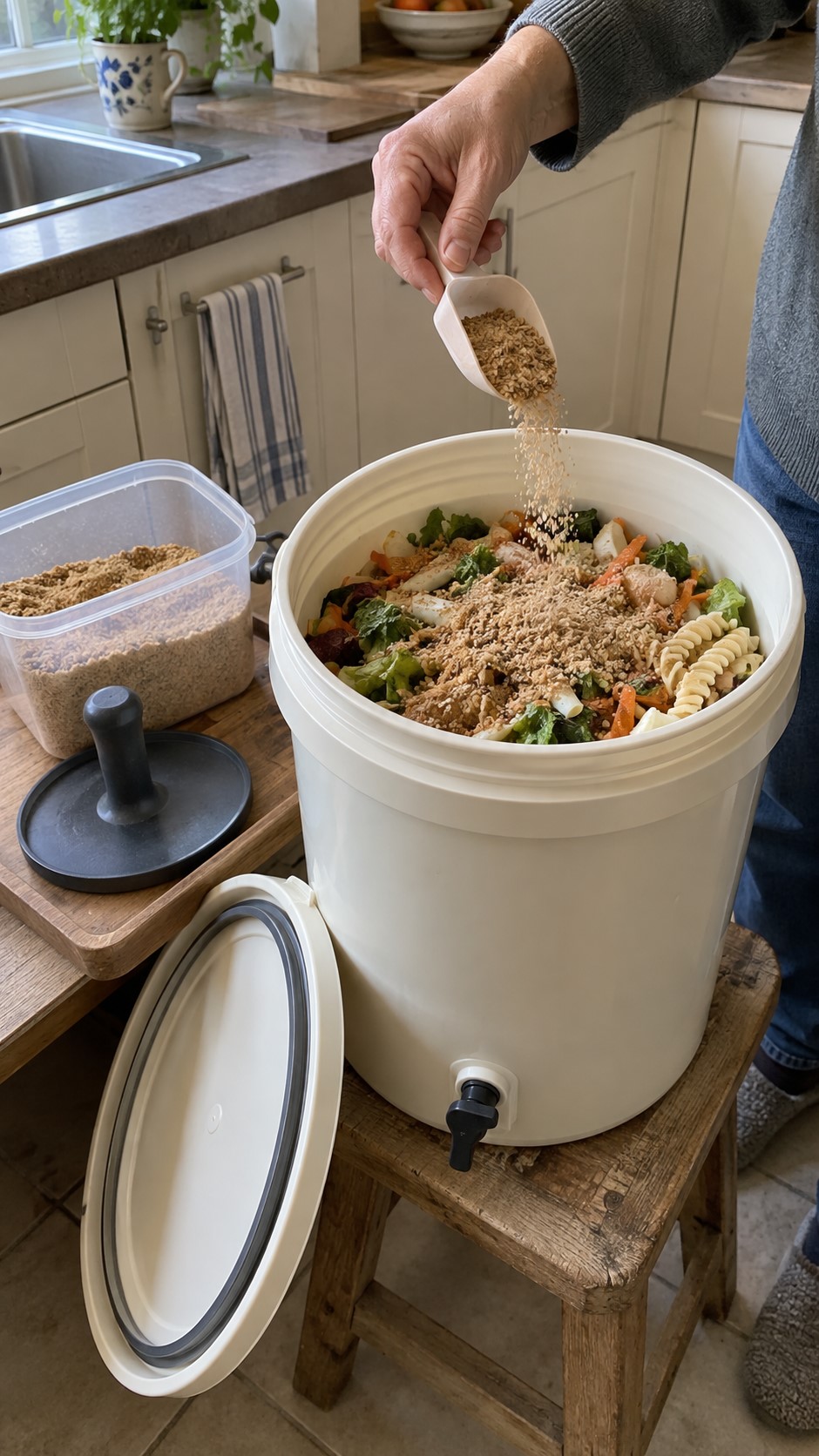 Adding Bokashi Bran to The Composting Bucket