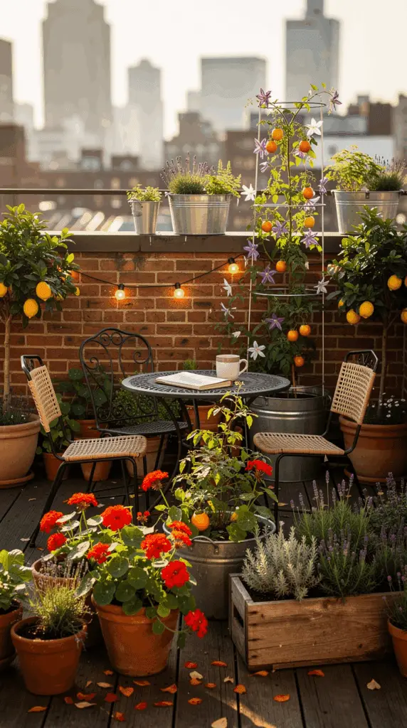 Container gardening: Variety of containers and planters on a rooftop garden