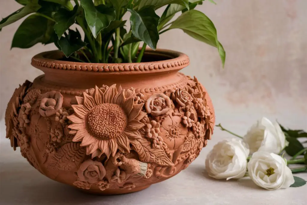 Embossed design on clay planter