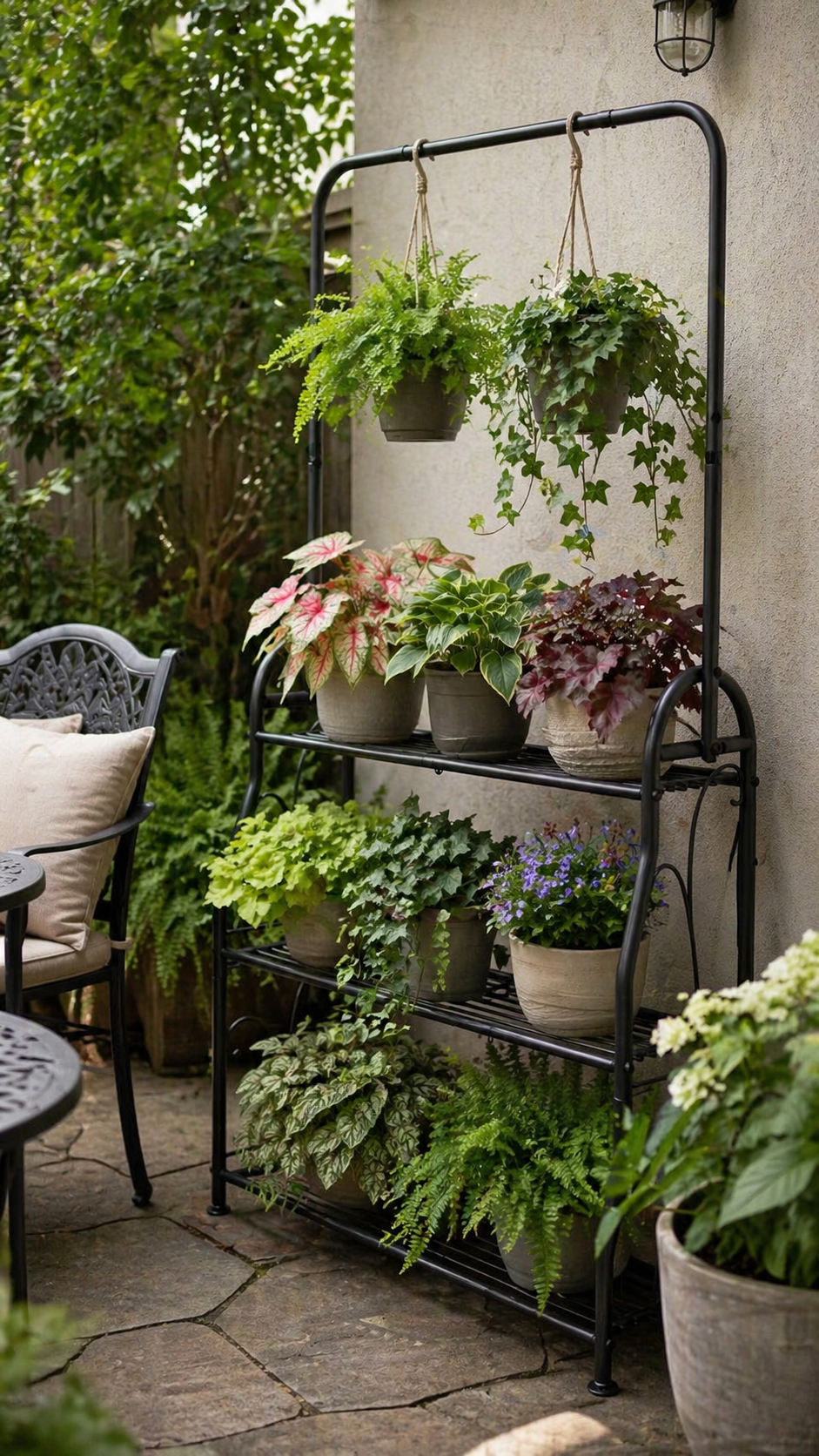 Tiered Plant Stands to Add Height to Shady Patio Pots