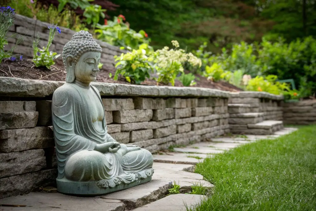 A spiritual garden with a statue of Buddha