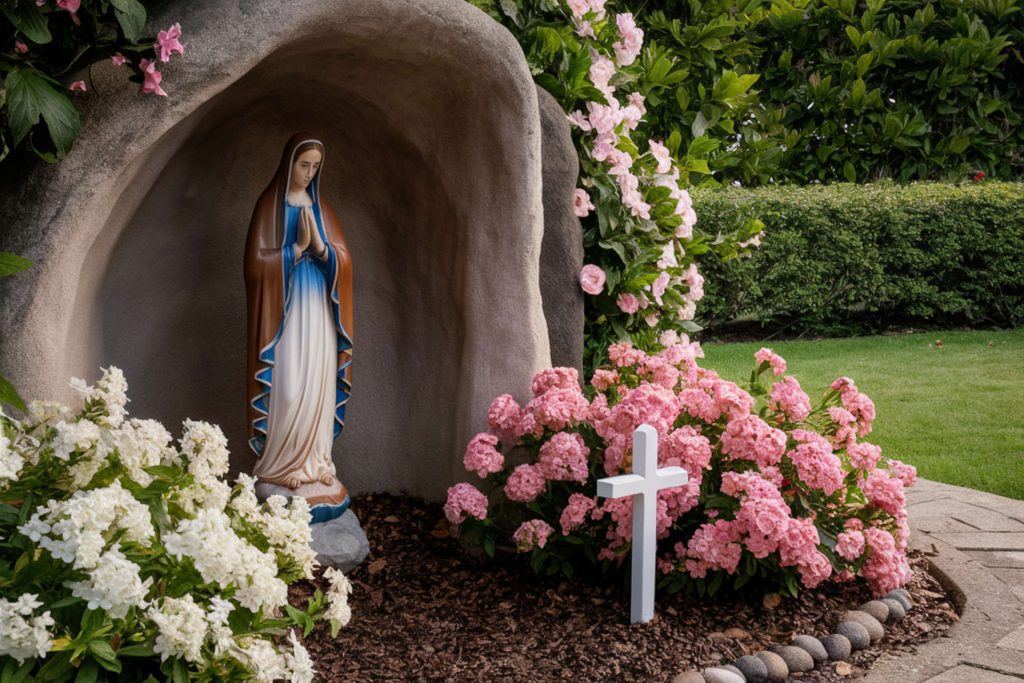 A spiritual garden with a grotto with a statue of Mary