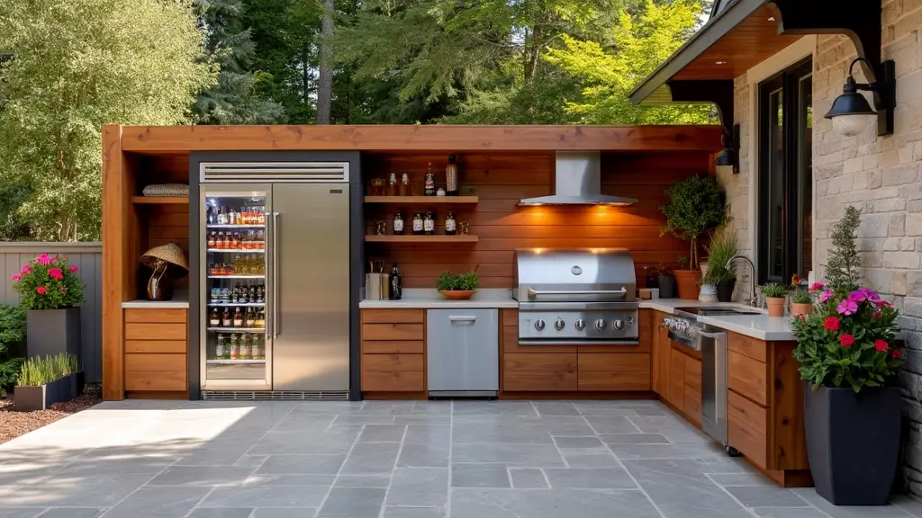 Outdoor kitchen organized with a DIY outdoor refrigerator