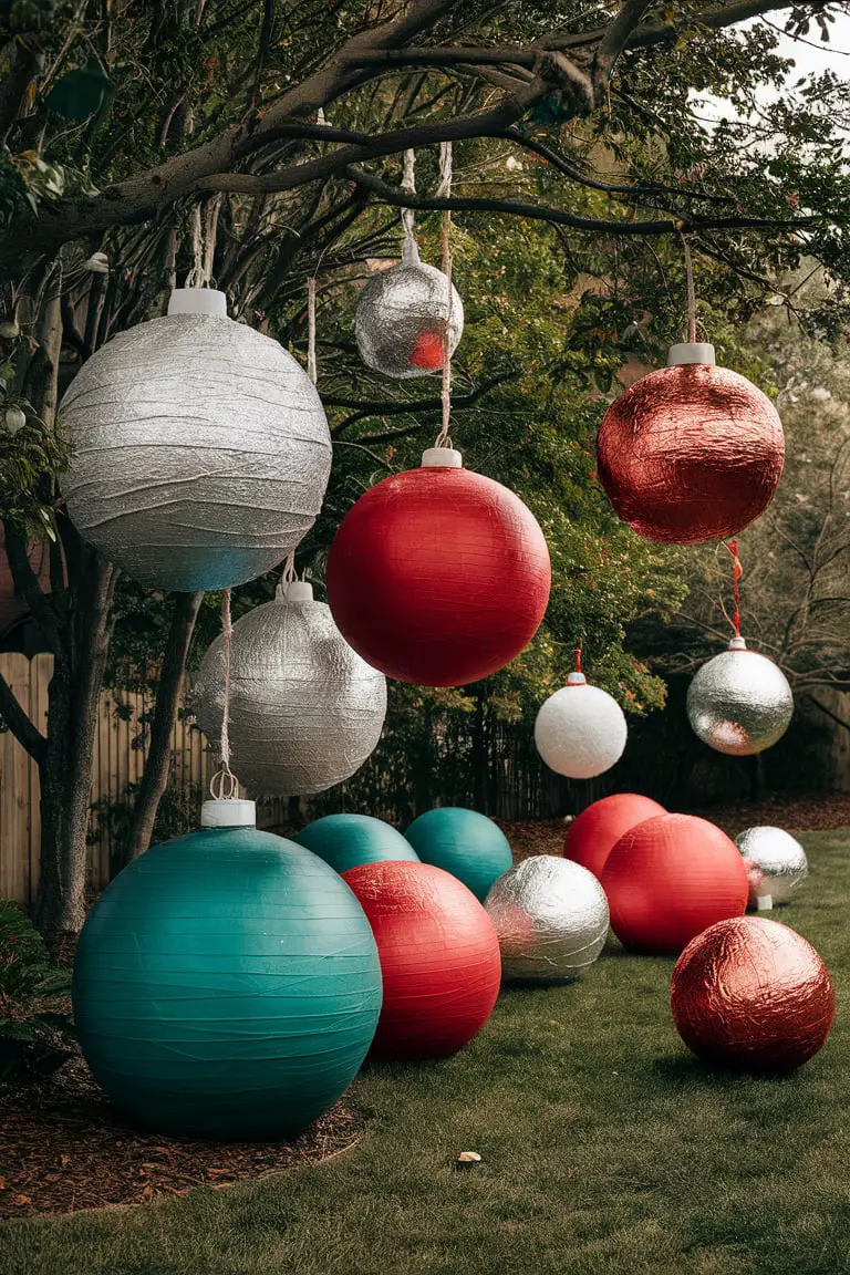 DIY Giant Ornaments: Exercise balls turned into giant Christmas tree ornaments and hung from a garden tree