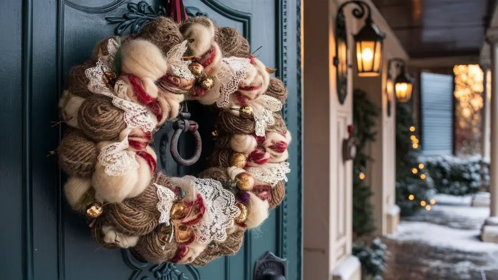 Christmas wreath made from lace and yarn