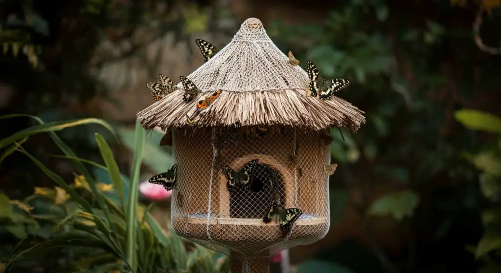 Butterfly Sanctuary with milkweed, sunflowers, and butterfly house