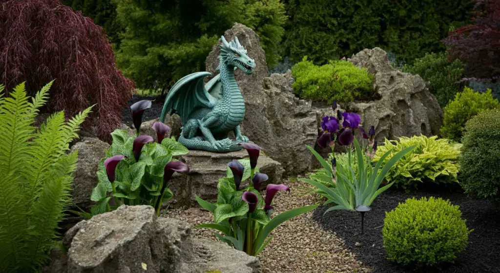 Dragon's Lair garden with rocky outcrops, dark-colored plants, and a dragon statue