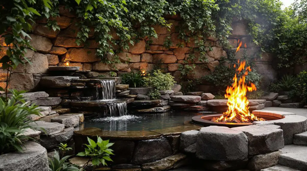 Garden of the Elements with water feature, fire pit, and stone wall