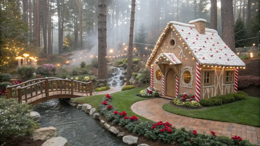 Fairy Tale Garden with gingerbread house, wishing well, and bridge over a small stream