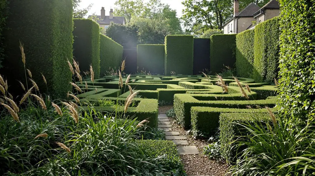 Mystical Maze with hedges, stone walls, and tall grasse