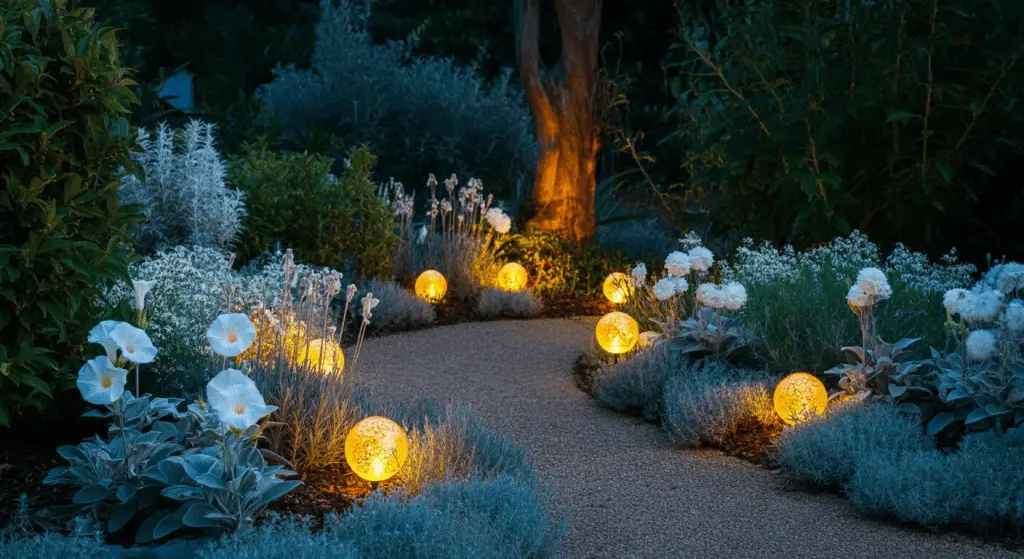 Moonlit Garden with white and silver flowers, moon-shaped ornaments, and solar lights