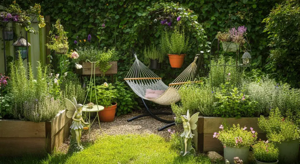 Secret Garden with high walls, locked gate, and hidden bench