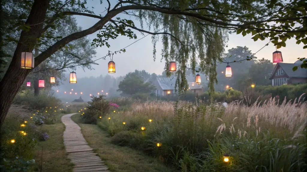 Garden of Whispers with wind chimes, rustling grasses, and whispering willows