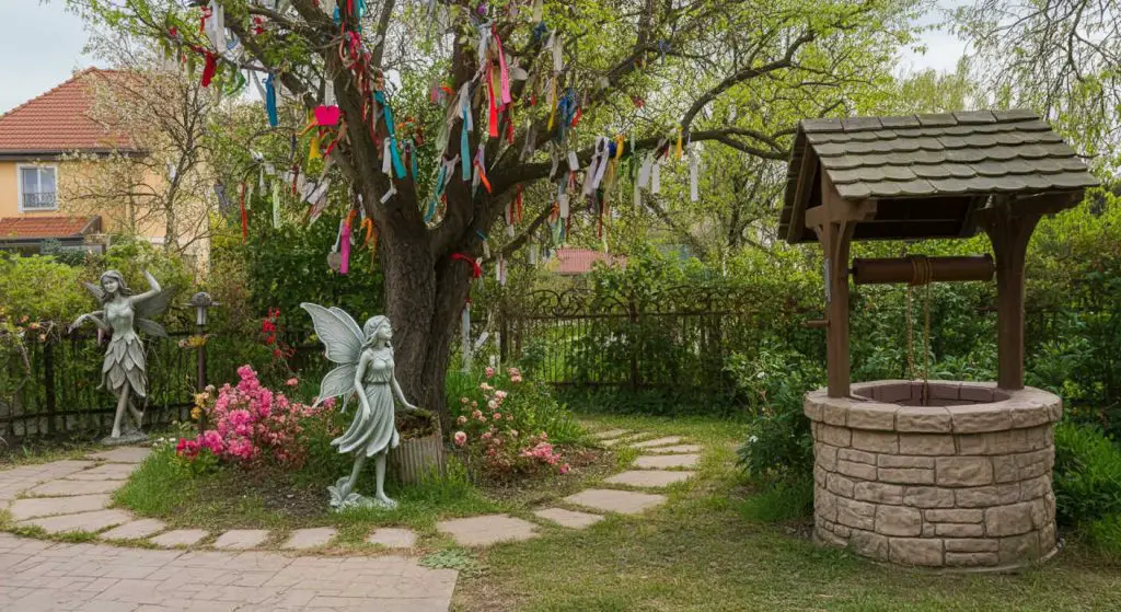 Garden of Wishes with wishing well, wishing tree, and board for writing wishes