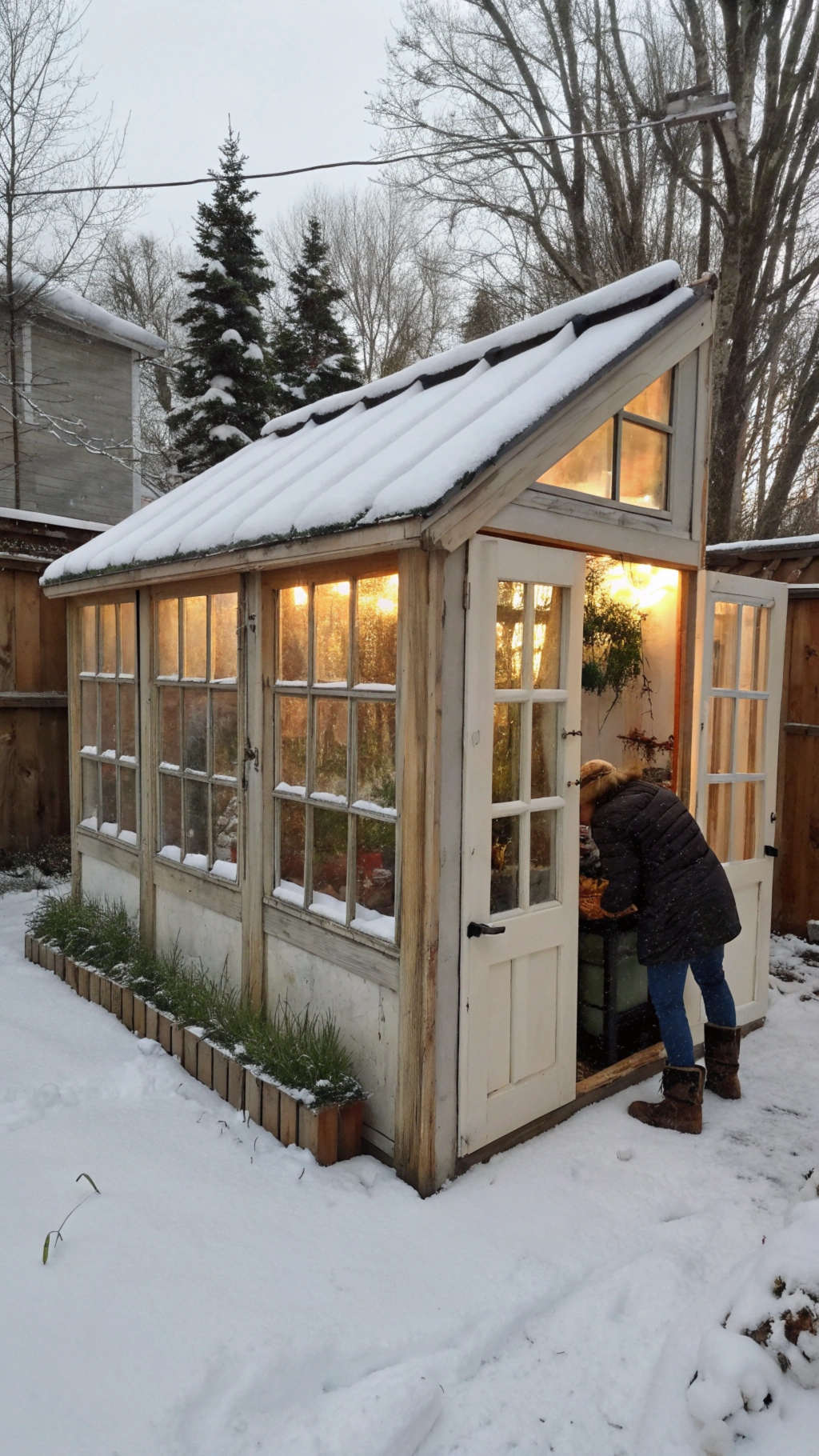 DIY greenhouse using reclaimed windows and doors