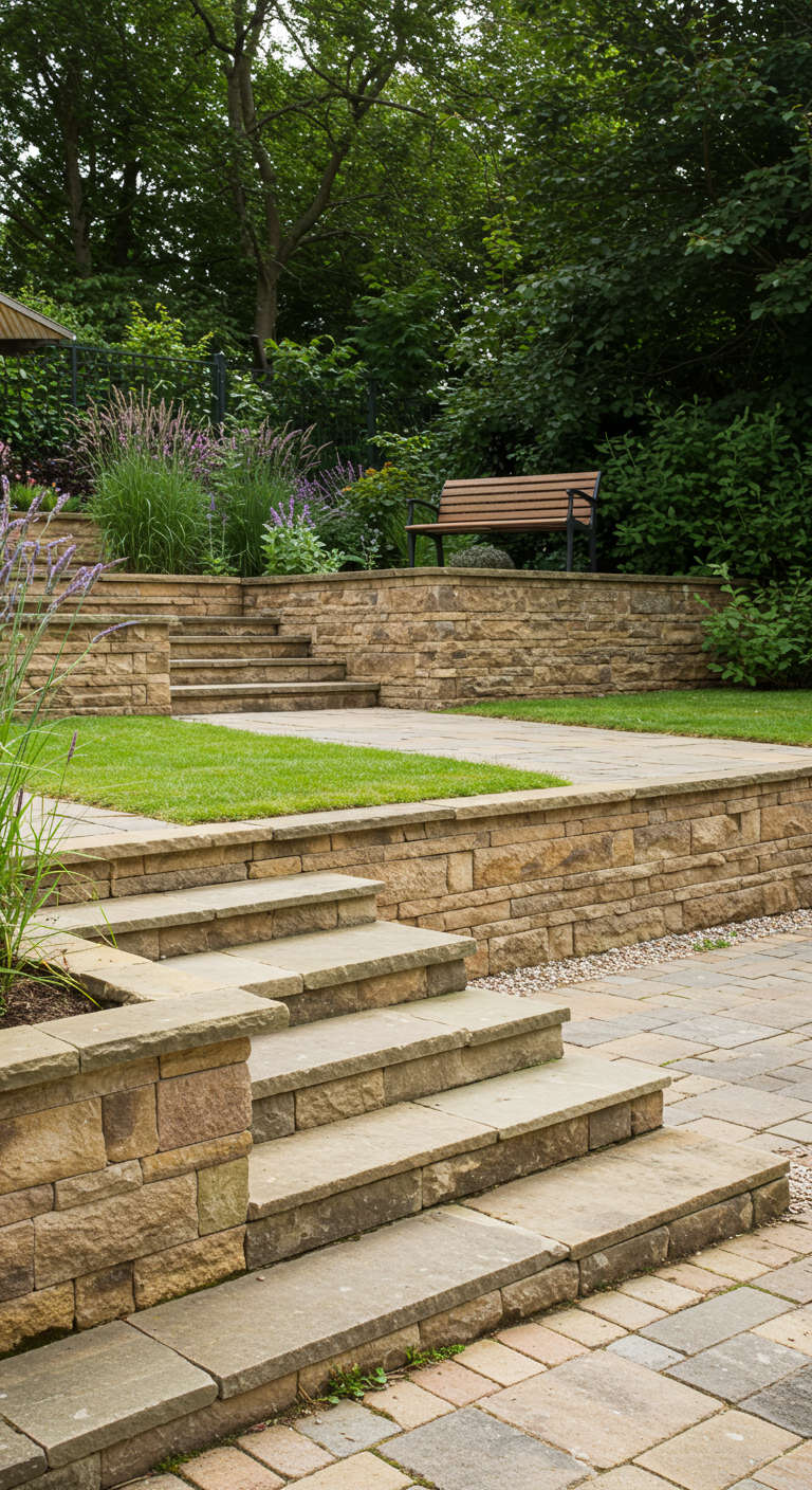 A tiered garden with a focus on its accessibility features, including wide, stable steps made of stone,