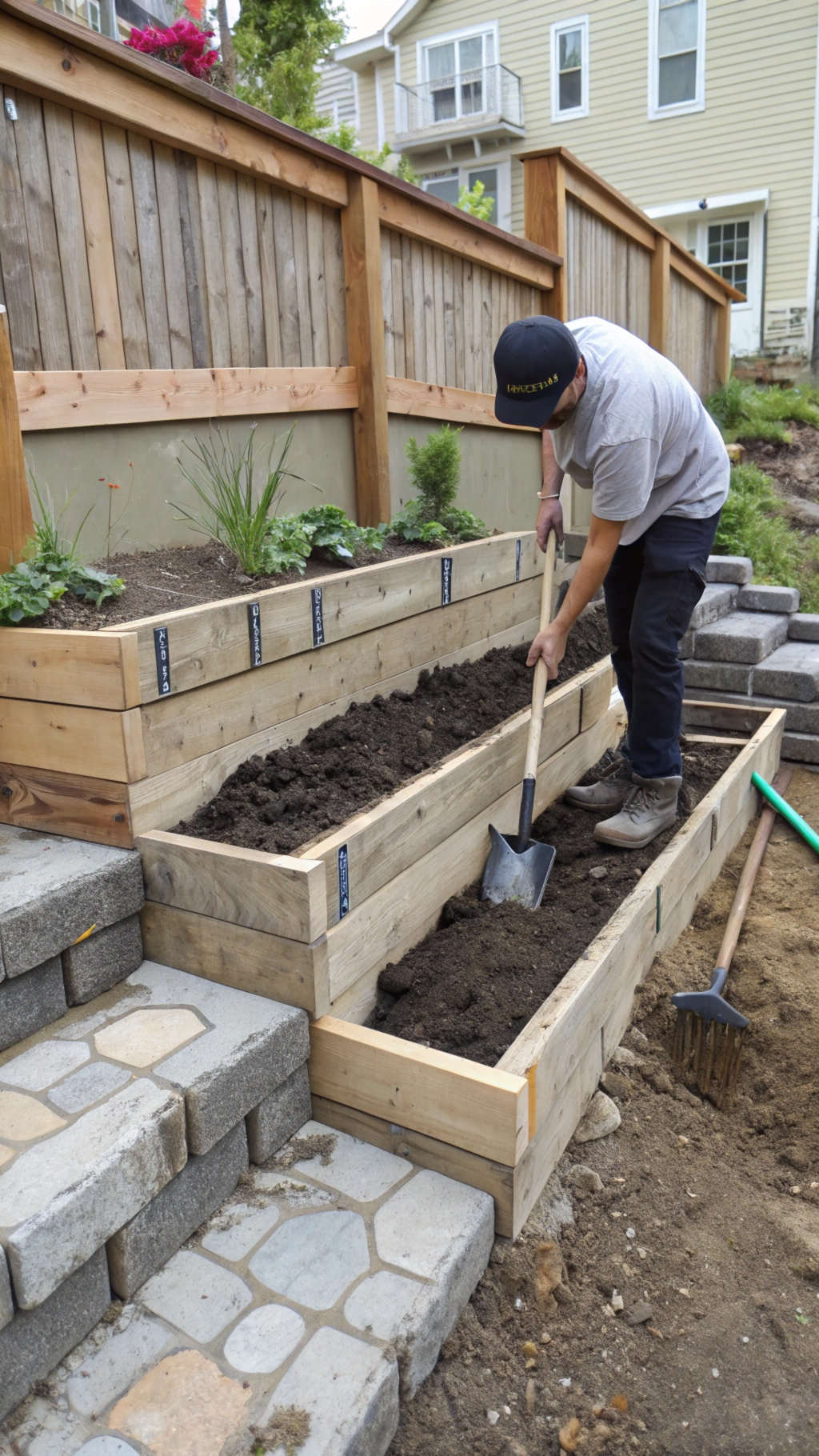 DIY tiered garden under construction. A person is shown using a shovel to fill the base of a tier,