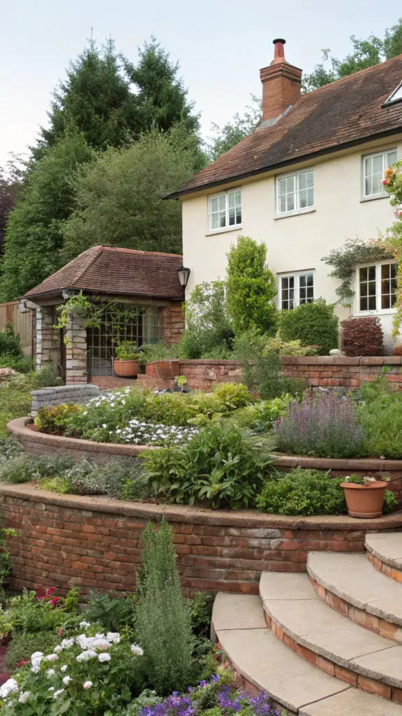  A tiered garden designed in a cottage style, with curved edges, a mix of perennials and climbing plants, rustic decorative accents