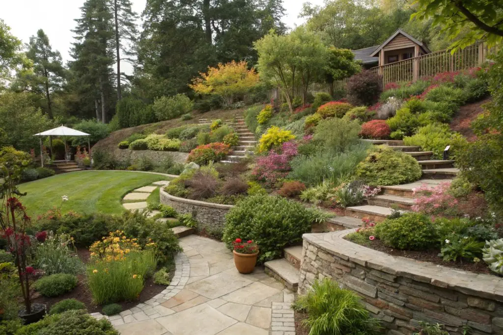 Established tiered garden built into a moderate slope. The garden features a variety of colorful plants, a winding stone pathway connecting different levels