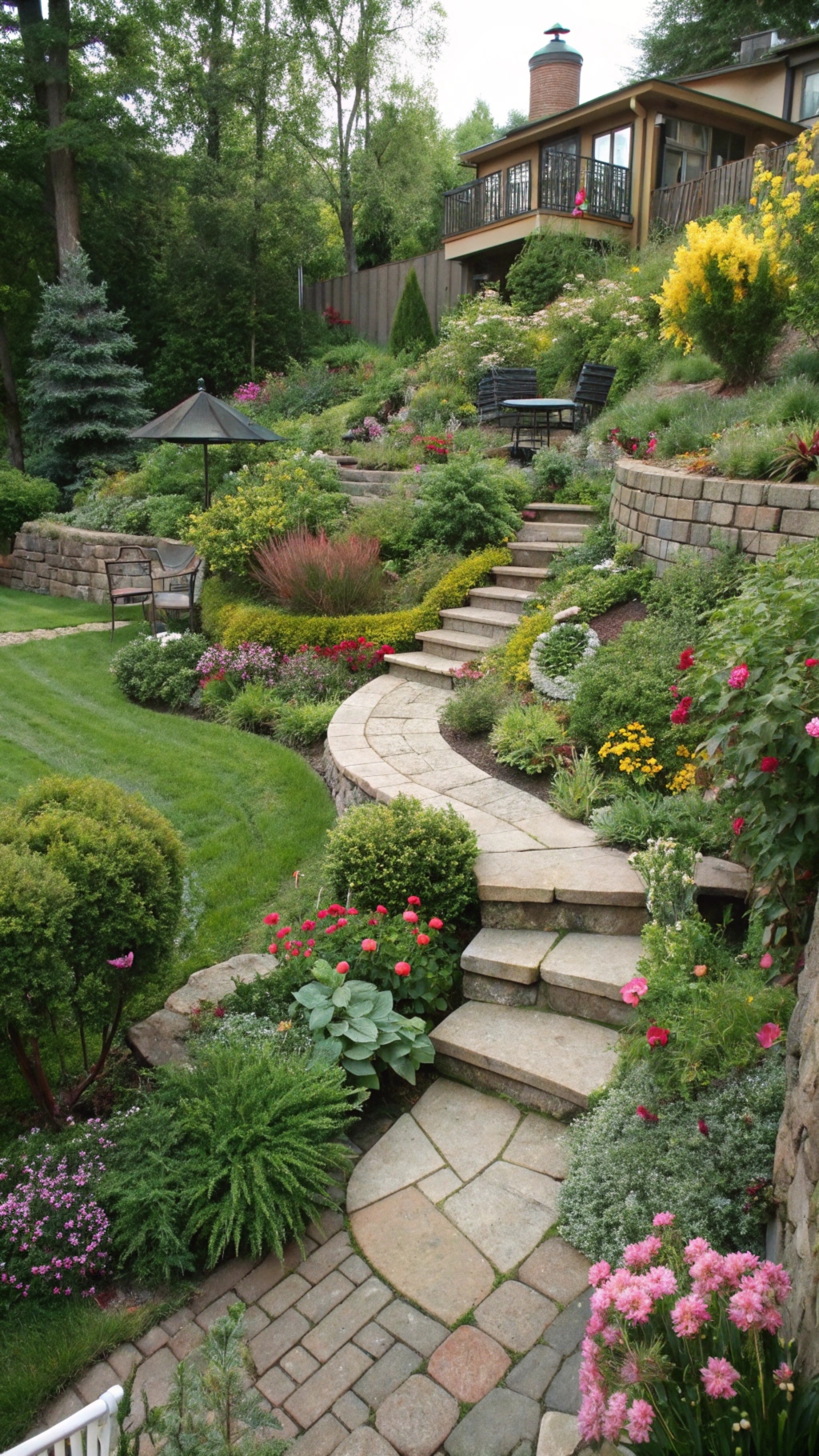 Established tiered garden built into a moderate slope. The garden features a variety of colorful plants, a winding stone pathway connecting different levels, and a small seating area at the top tier. 