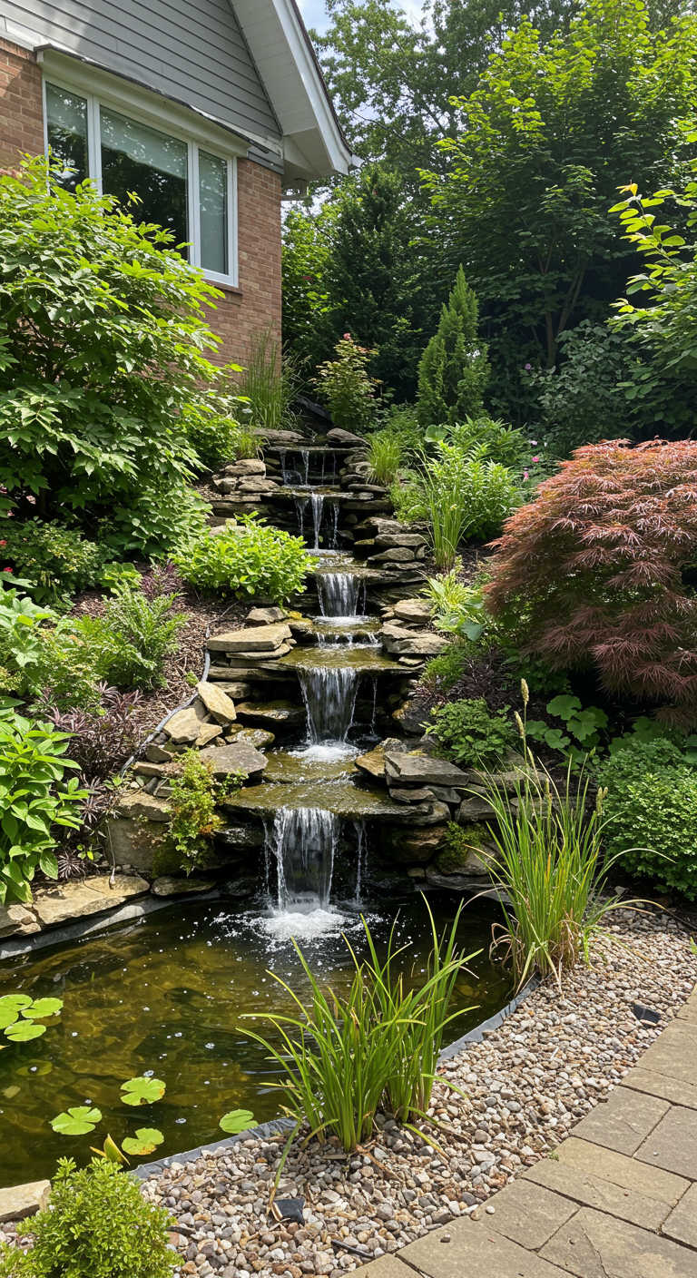 A tiered garden, featuring a small pond at the lowest tier, with a gentle waterfall cascading down through the different levels.