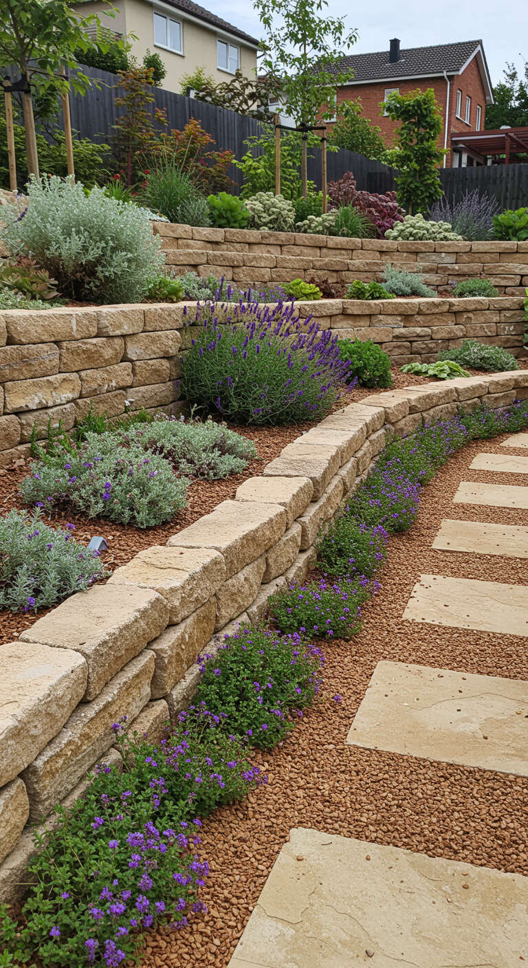 A section of a dry garden showcasing a retaining wall made of natural stone, with various drought-tolerant plants cascading down the terraces, including lavender and succulents.
Demonstrates the use of hardscaping and terracing in a dry garden.