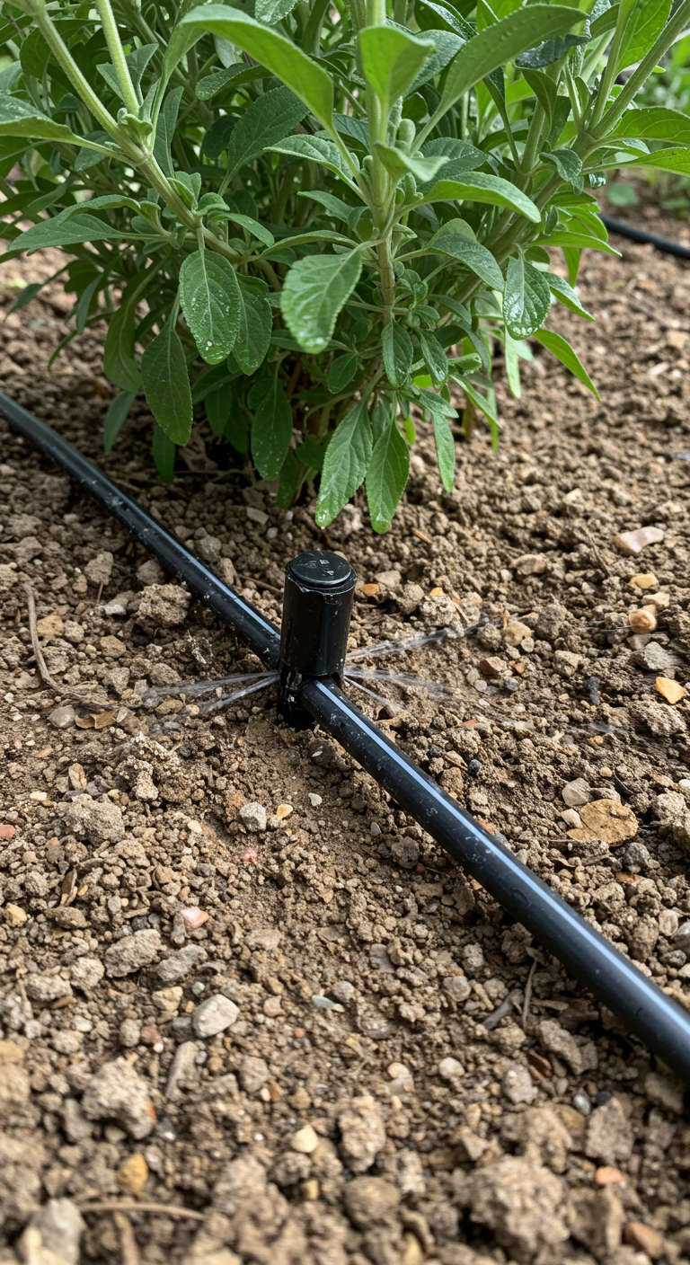 A drip irrigation system delivering water to the base of a salvia plant in a dry garden, with the dry soil and gravel mulch clearly visible.

An efficient irrigation method for new or struggling plants.