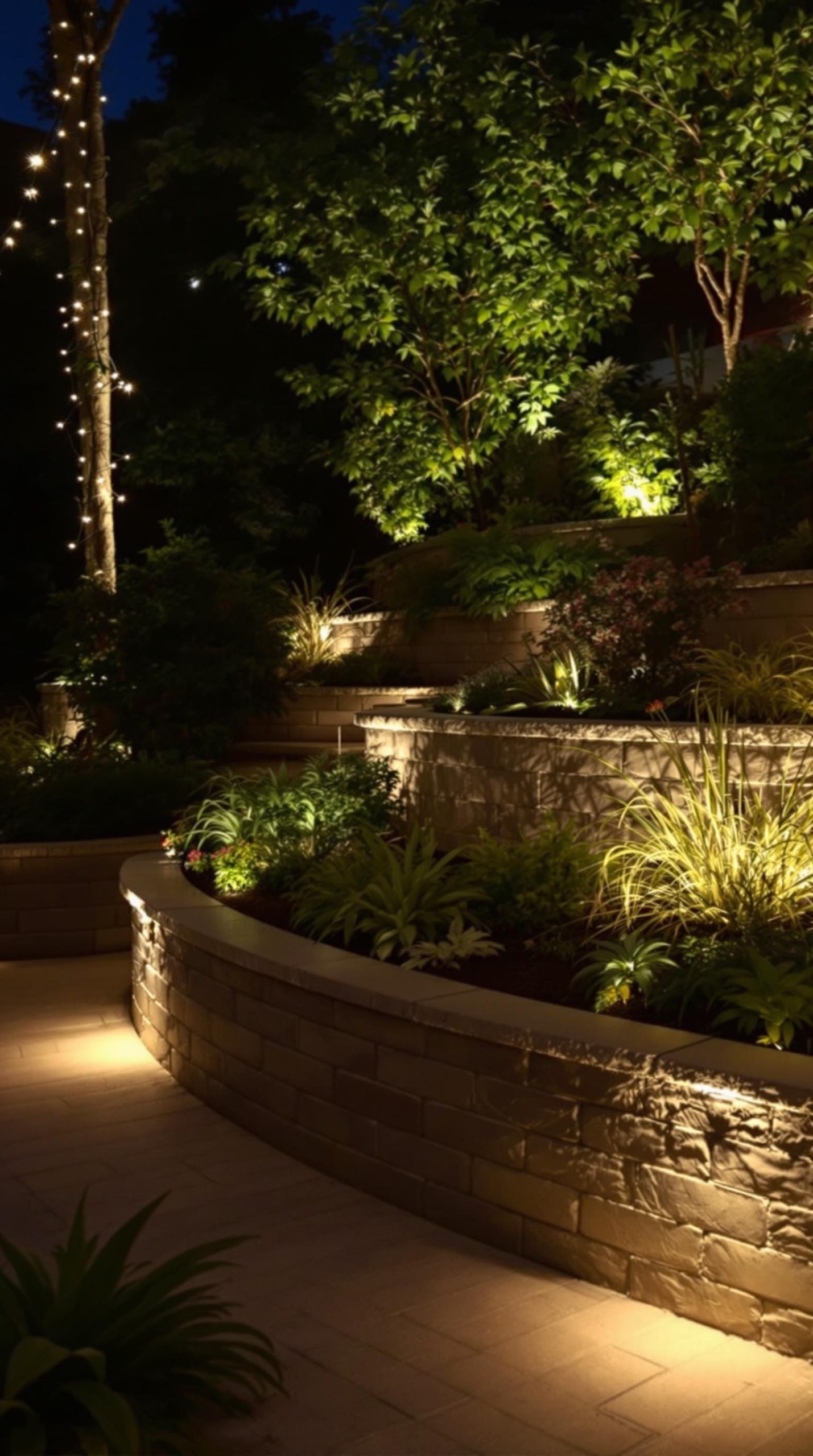 A tiered garden illuminated by soft, strategic uplighting, highlighting the textures of the plants and the architectural features of the retaining walls