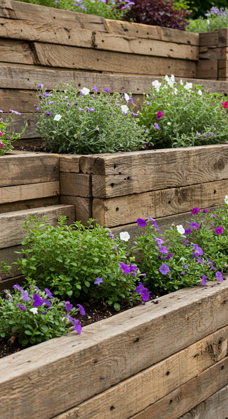 A retaining wall made from repurposed wooden pallets, filled with a variety of flowering plants