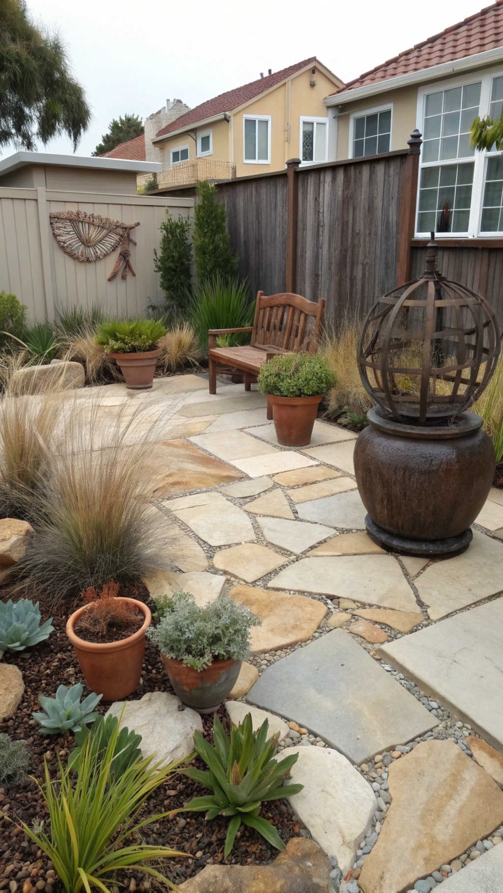 f a seating area in a dry garden, featuring flagstone pavers, with potted succulents and drought-tolerant plants in containers surrounding it. A metal sculpture  to add interest