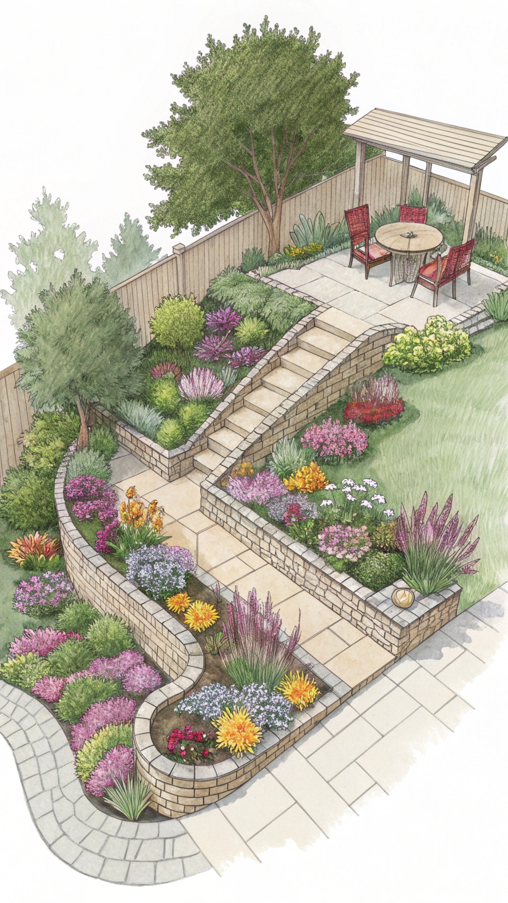 Schematic sketch of a layout of a thoughtfully designed residential  tiered garden