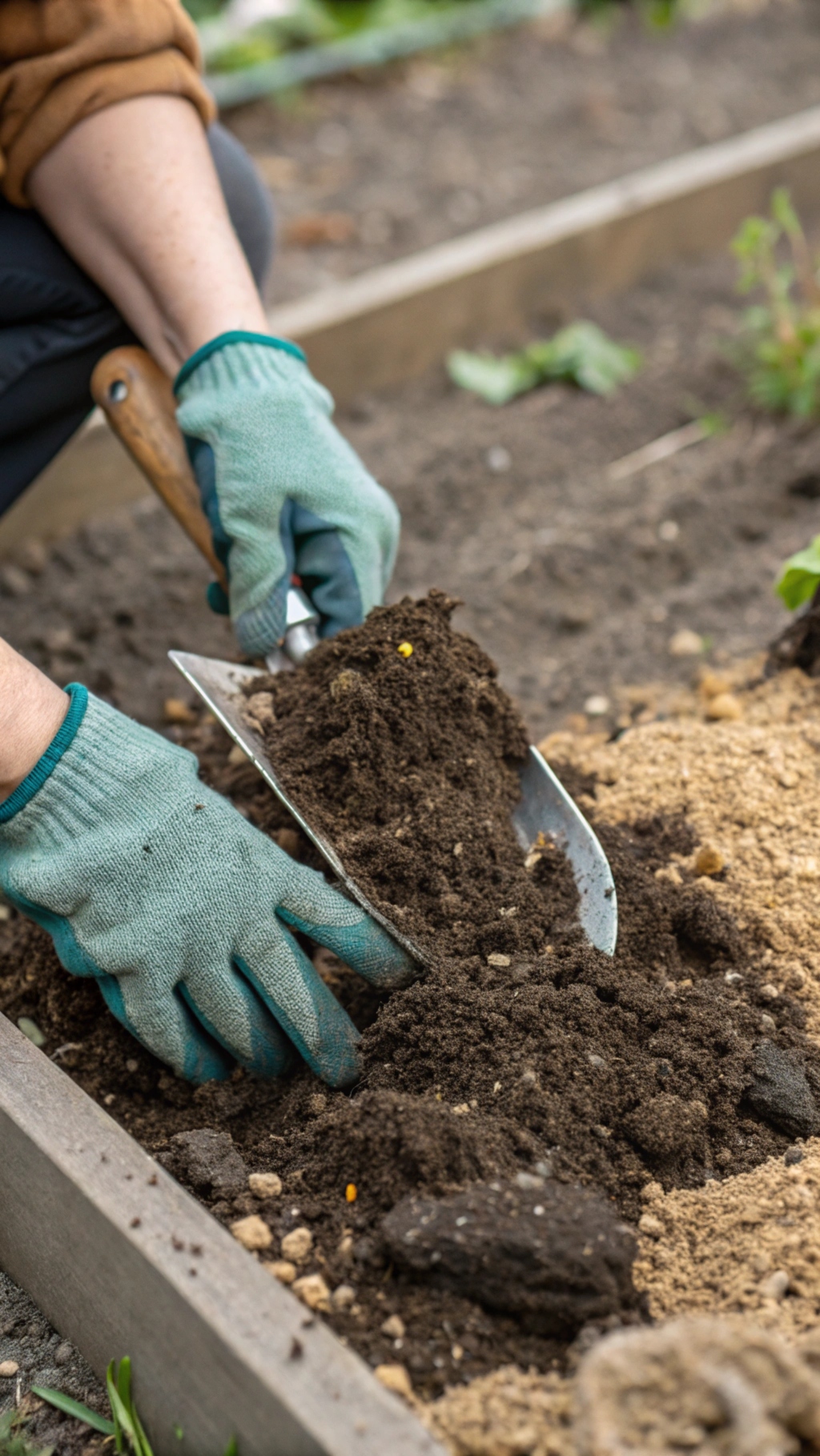 A gently amending soil with coarse sand and compost, demonstrating the importance of soil preparation for a dry garden. Gardening gloves and a trowel are in the frame.

Focus: Illustrates the practical steps of preparing the soil for a dry garden.