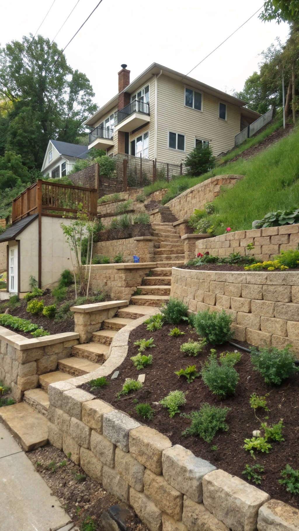 A tiered garden on a steep hill, with sturdy stone retaining walls, integrated steps for access