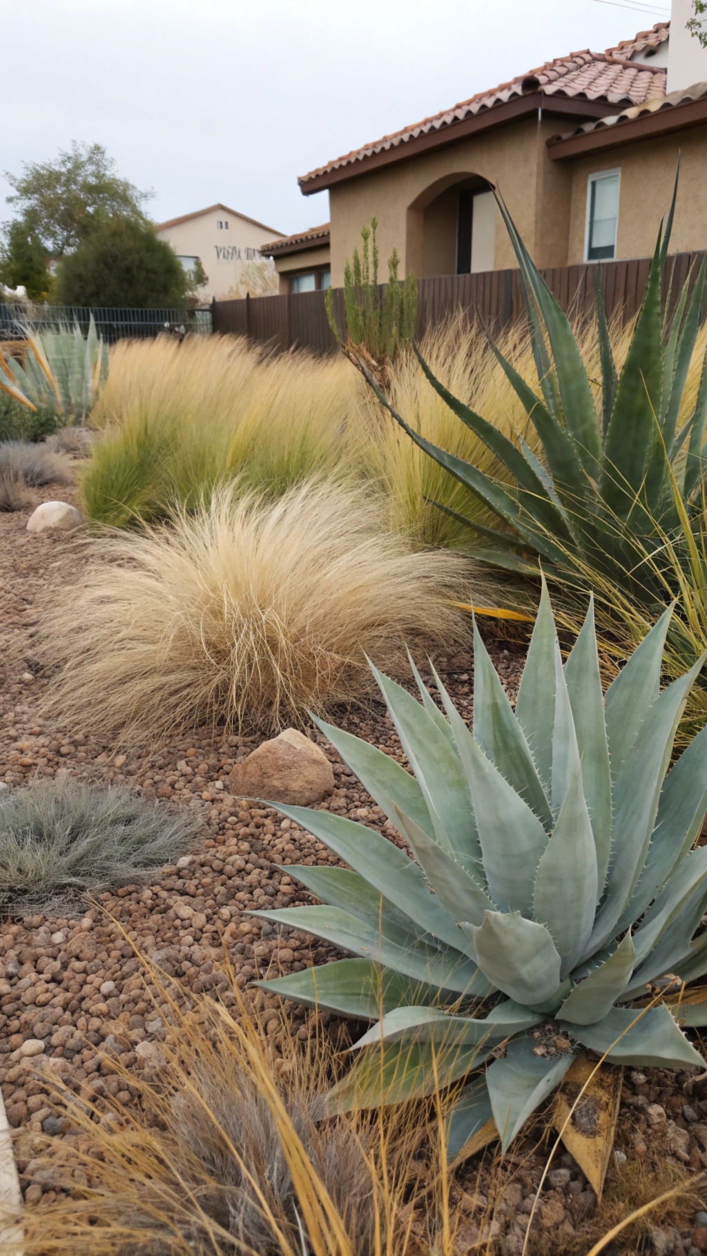 A textured grouping of plants in a dry garden, contrasting the spiky leaves of an agave with the soft, flowing plumes of muhly grass. Some gravel mulch is visible around the base of the plants.

Highlights the textural variety possible in a dry garden.