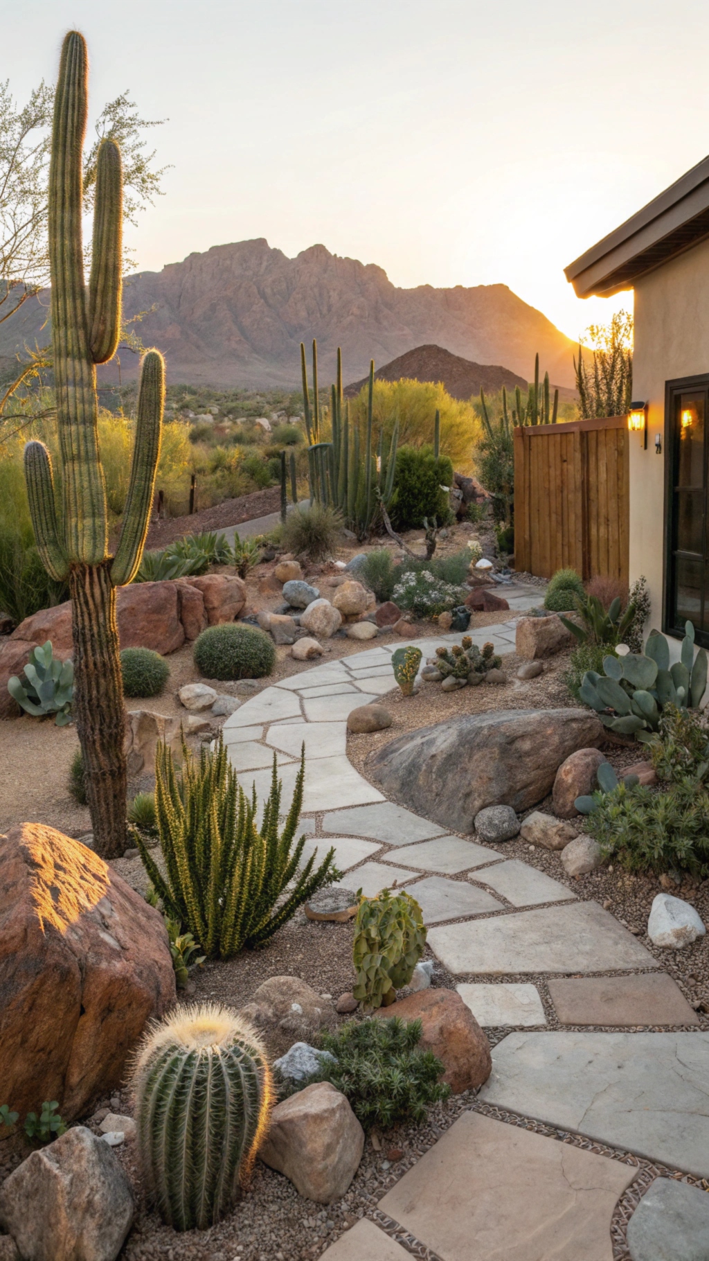 A desert-inspired design with cacti, succulents, and rocks, set against a backdrop of a warm, arid landscape