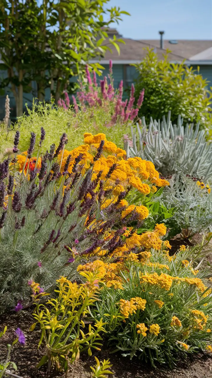 A colorful dry garden scene showing a mix of vibrant drought-tolerant perennials in full bloom, including lavender, blanket flower, and Russian sage. The plants are densely arranged and thriving in a sunny setting.

Illustrates the possibilities for vibrant colors in a drought-tolerant garden.