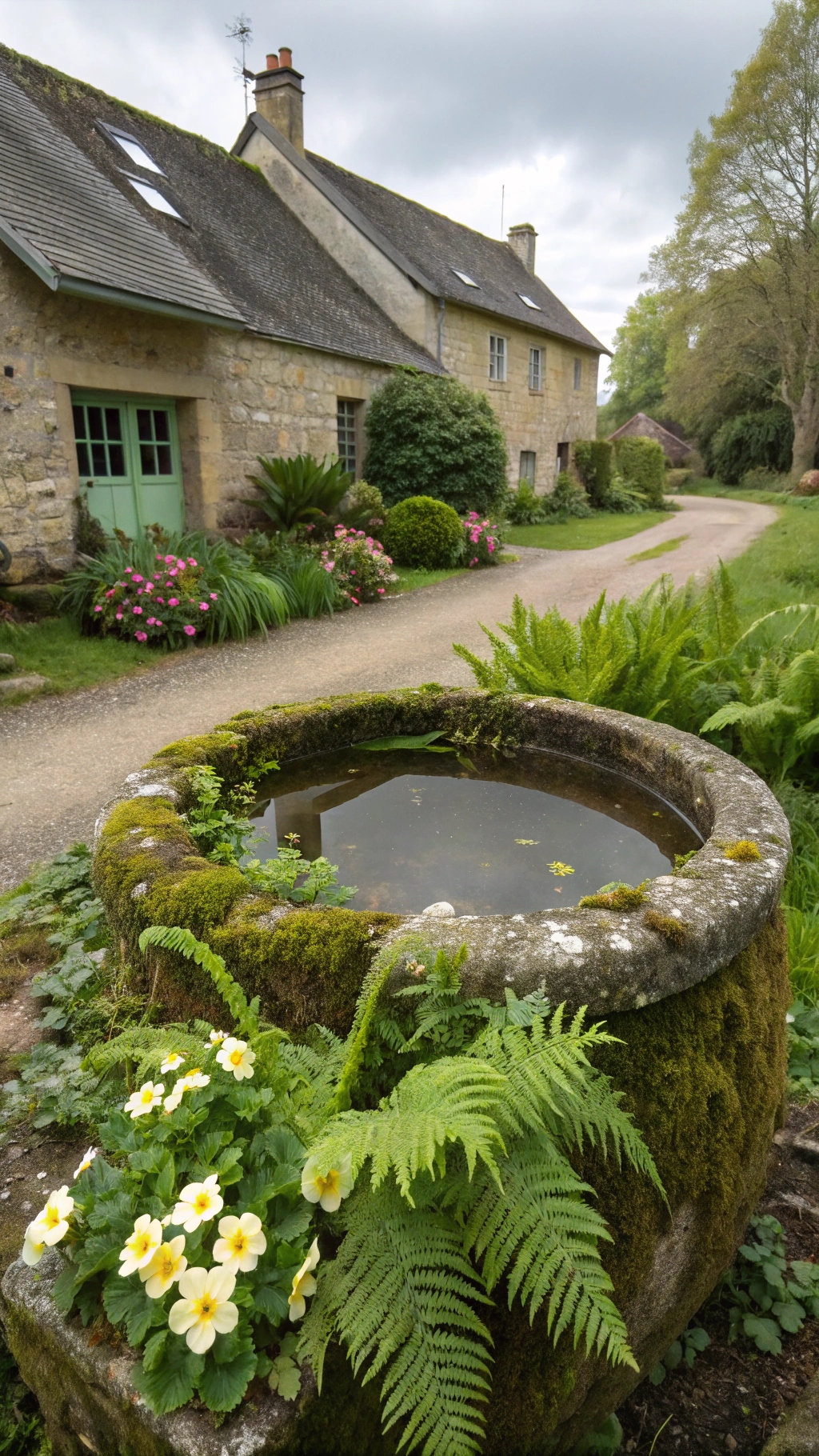 A moss-covered stone basin filled with water