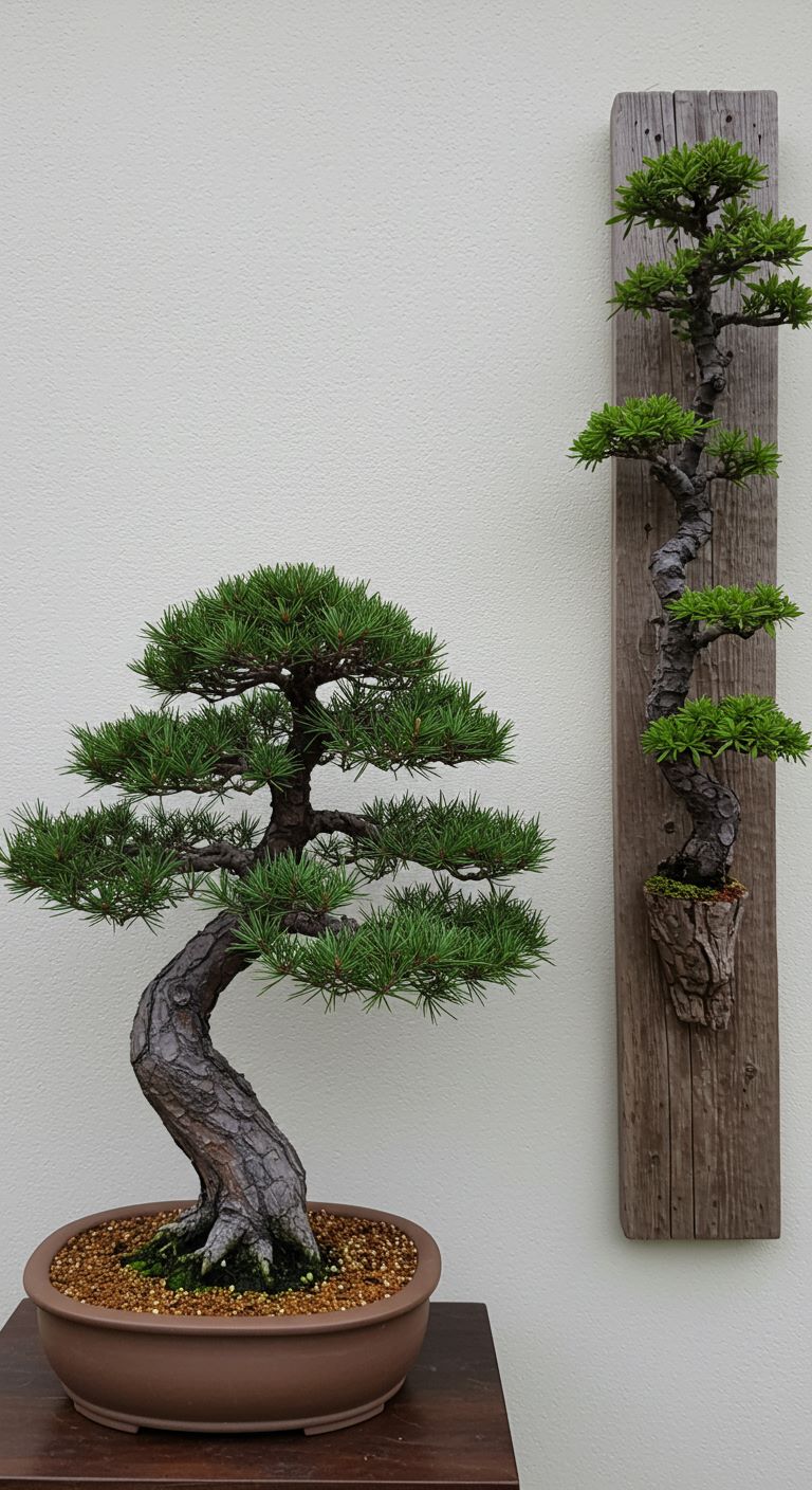 bonsai tree in a wide pot (traditional) and the same species trained vertically on a wall-mounted plank (modern adaptation)