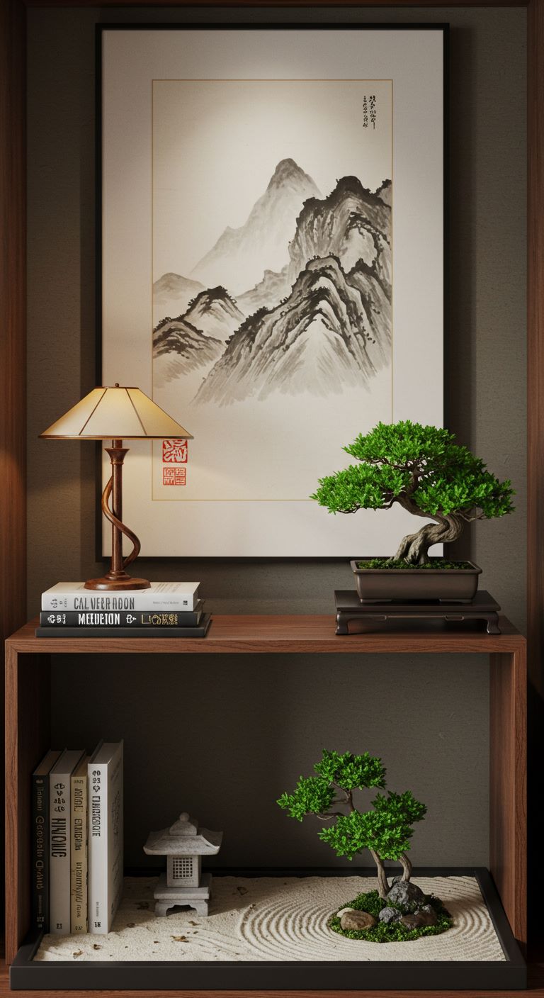 Small Japanese garden :  featuring a styled bookshelf with a sand garden , bonsai , and framed ink wash painting of mountains .