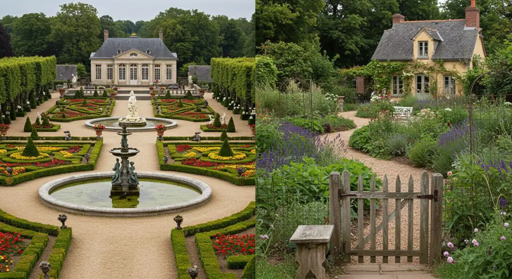 Comparison—a formal Versailles-style parterre (left) vs. a cottage-style garden with curved beds of lavender and vegetables (right)