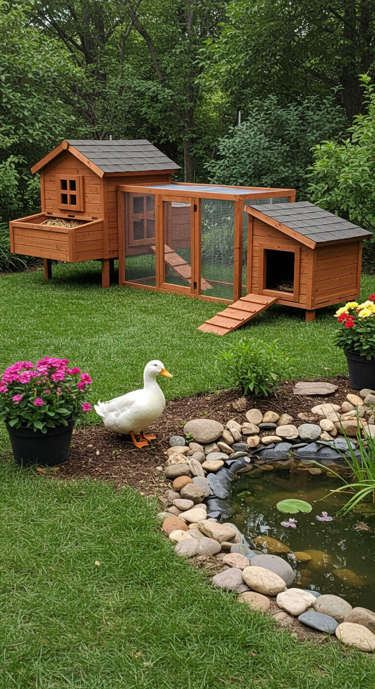 A chicken coop and a duck house side by side, highlighting their unique design features.