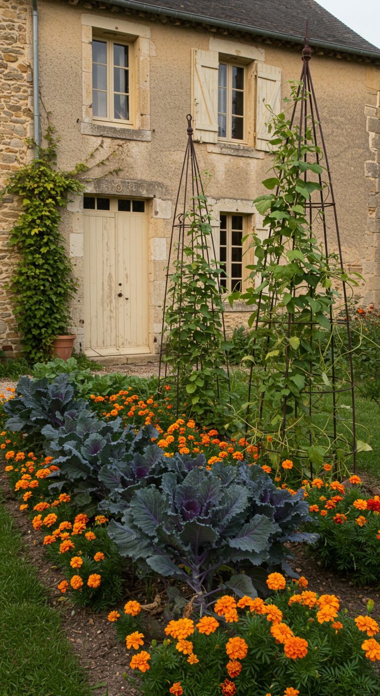 : A row of purple kale plants alongside orange marigolds , with a wrought-iron obelisk supporting