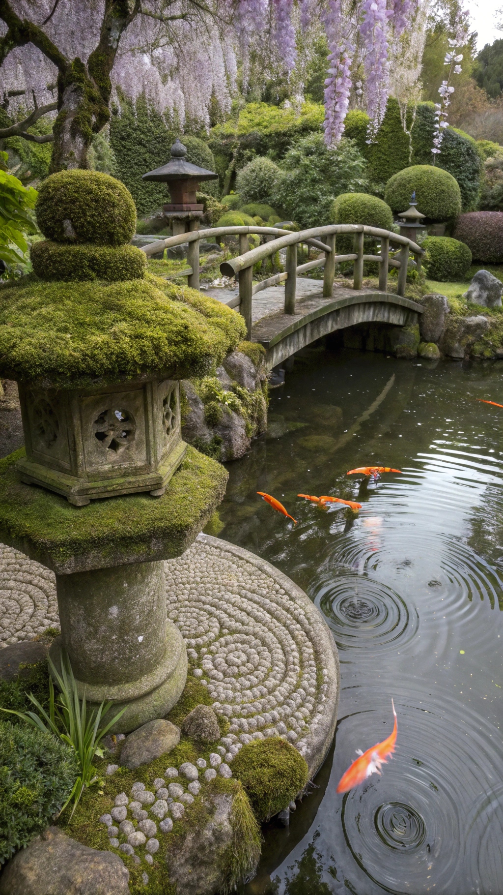 A moss-covered stone lantern beside a koi pond and  a wooden bridge framed by  wisteria .