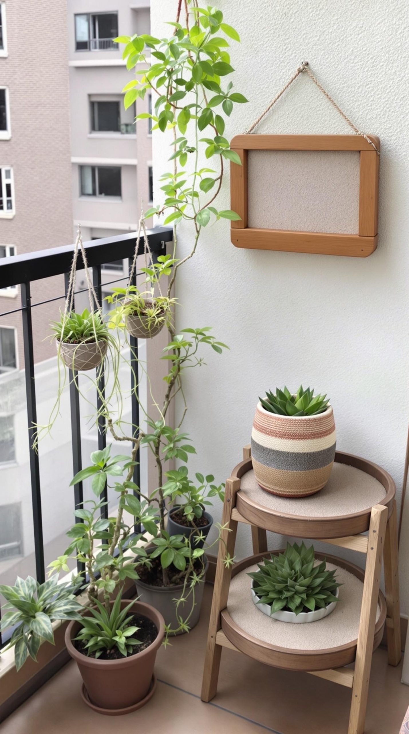 hanging kokedama, a wall-mounted sand tray, and a tiered plant stand with succulents.