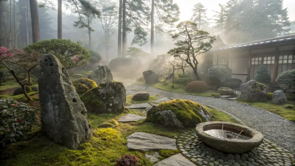 A japanese  Garden, on a misty morning scene with angular granite stones