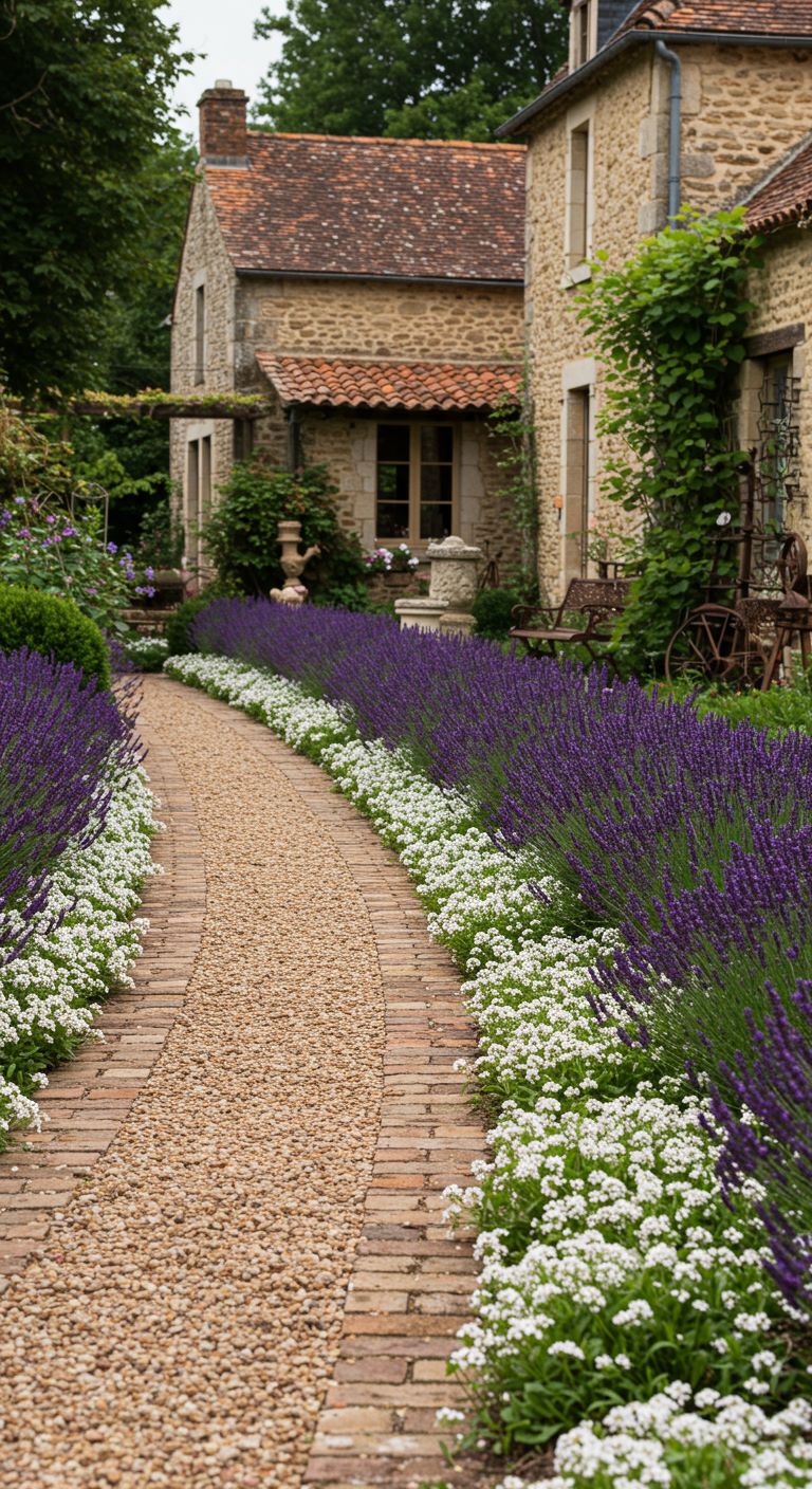 A winding gravel path edged with mismatched bricks, flanked by lavender and clumps of white alyssum.