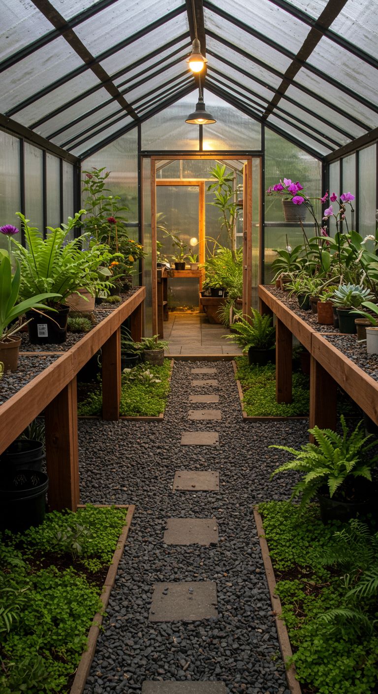 A gravel pathway winding between plant benches