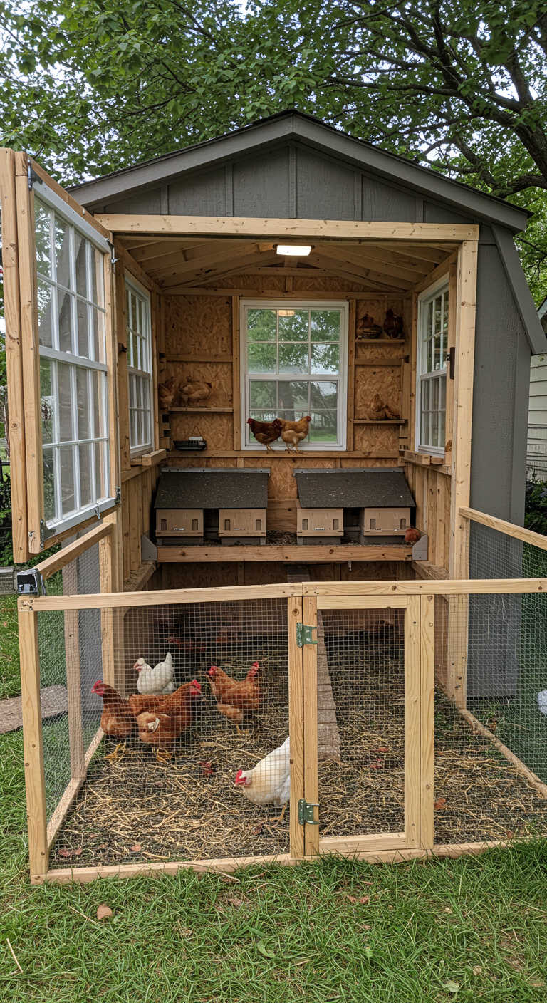 A revamped shed-turned-chicken coop, showing the addition of windows, nesting boxes, and an attached run.