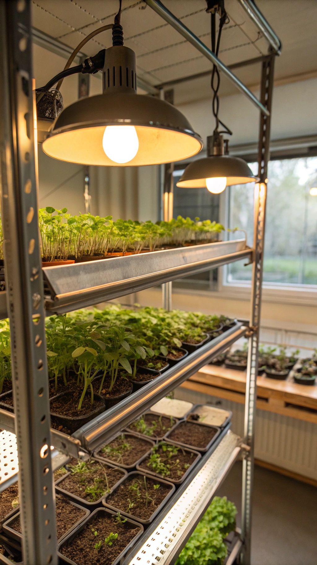 tiered metal shelves holding seedling trays