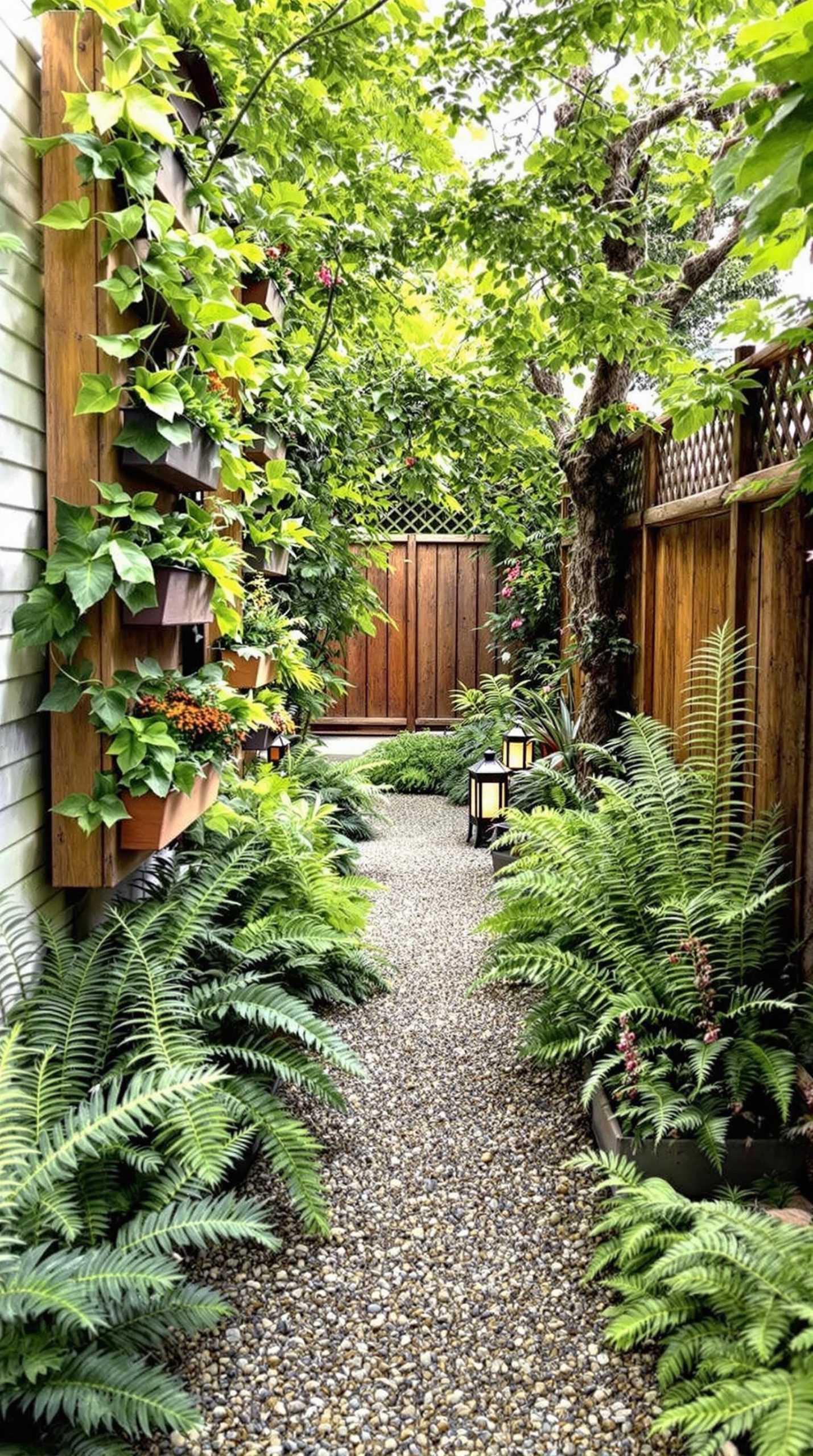 A narrow side yard transformed with vertical planters, a gravel path, and lanterns tucked between ferns.